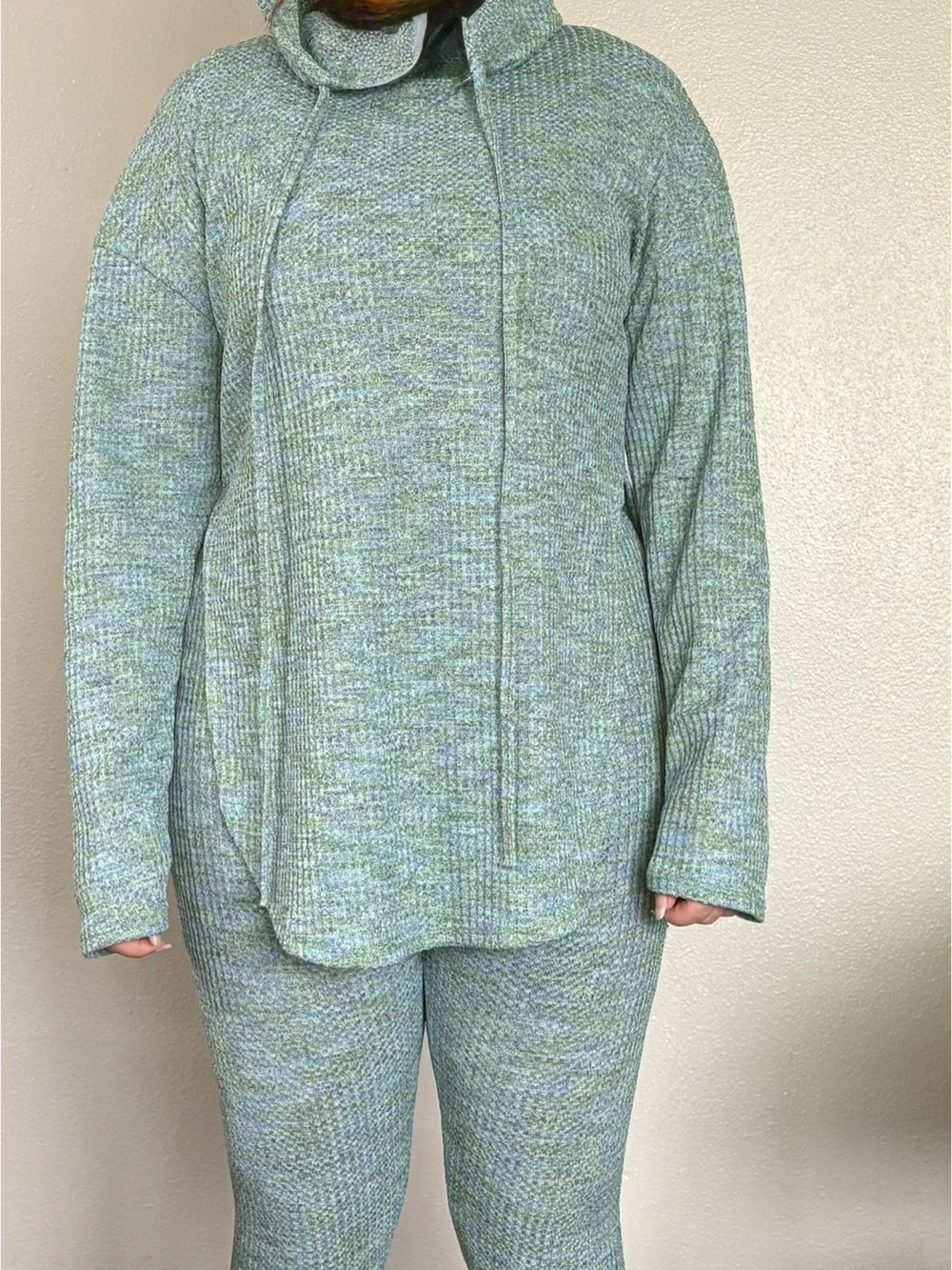 SHEIN Green Blue Marled Waffle Knit Hoodie & Leggings 2-Piece Lounge Set Size S